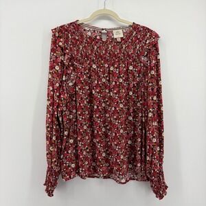 Knox Rose Womens Floral Smocked Ruffle Long Sleeve Blouse Top Red Pink L